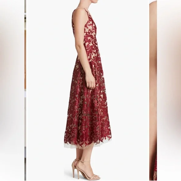 Dress the Population Blair Embellished Fit & Flare Cocktail Dress in Berry/Nude - Picture 3 of 14